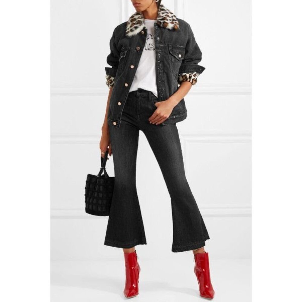 SJYP Brand Faux Fur Distressed Black Denmin Oversized Jacket